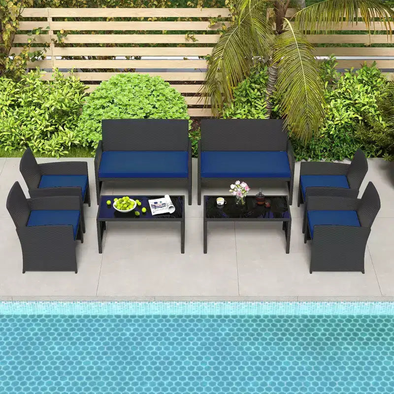 Costway 4 PCS Patio Conversation Set with Seat Cushions & Tempered Glass Tabletop, Outdoor Red/Black/Off-white/Gray/Turquoise/Navy