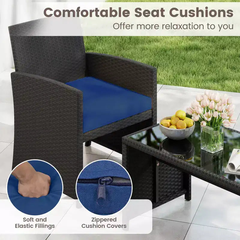 Costway 4 PCS Patio Conversation Set with Seat Cushions & Tempered Glass Tabletop, Outdoor Red/Black/Off-white/Gray/Turquoise/Navy