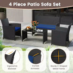 Costway 4 PCS Patio Conversation Set with Seat Cushions & Tempered Glass Tabletop, Outdoor Red/Black/Off-white/Gray/Turquoise/Navy