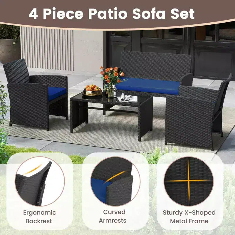 Costway 4 PCS Patio Conversation Set with Seat Cushions & Tempered Glass Tabletop, Outdoor Red/Black/Off-white/Gray/Turquoise/Navy