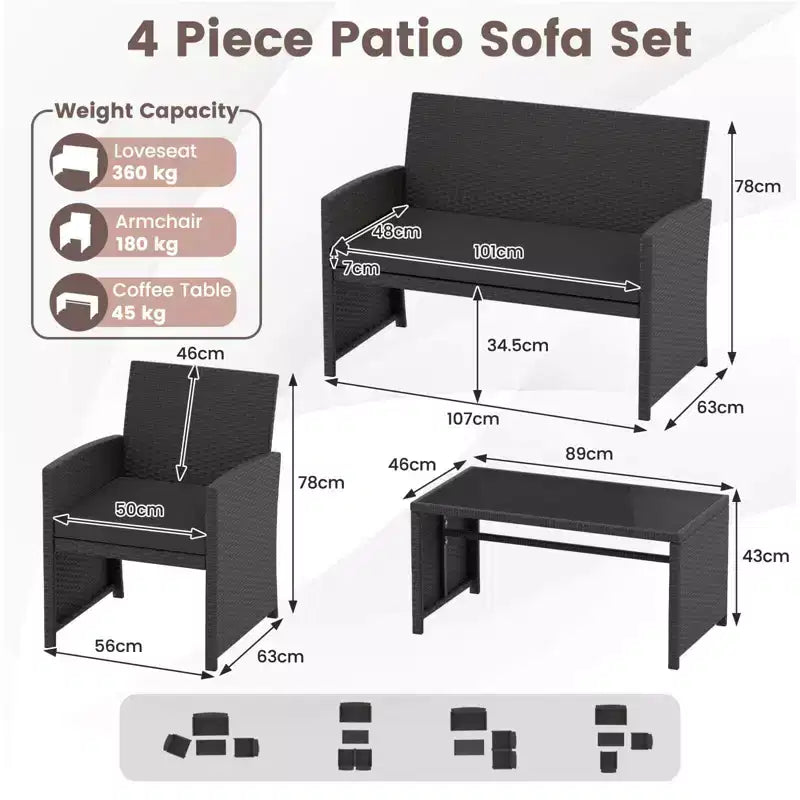 Costway 4 PCS Patio Conversation Set with Seat Cushions & Tempered Glass Tabletop, Outdoor Red/Black/Off-white/Gray/Turquoise/Navy