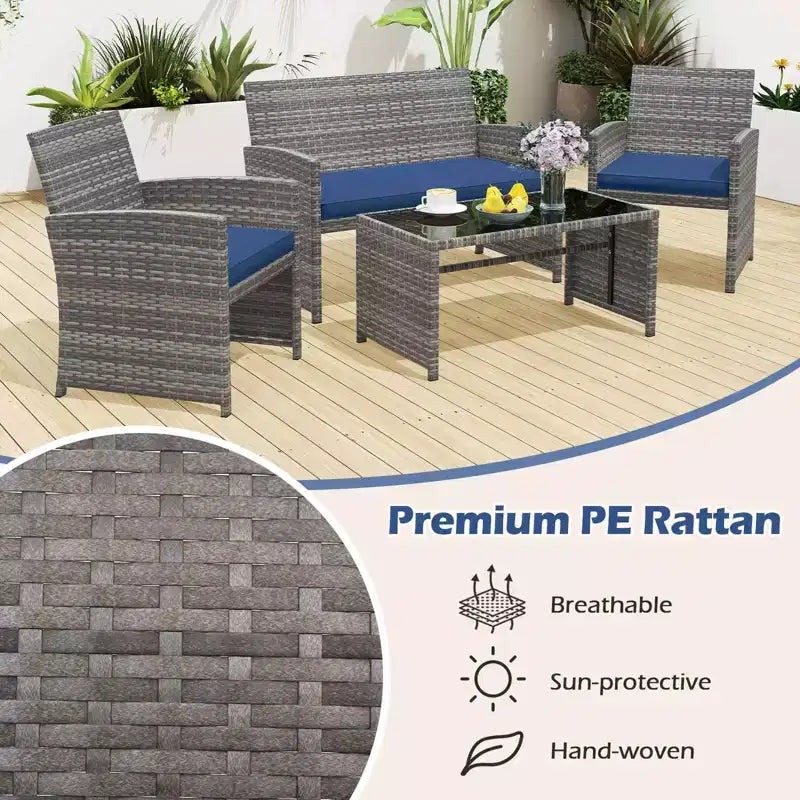 Costway 4 PCS Patio Conversation Set with Seat Cushions & Tempered Glass Tabletop, Outdoor Red/Black/Off-white/Gray/Turquoise/Navy