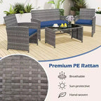 Costway 4 PCS Patio Conversation Set with Seat Cushions & Tempered Glass Tabletop, Outdoor Red/Black/Off-white/Gray/Turquoise/Navy