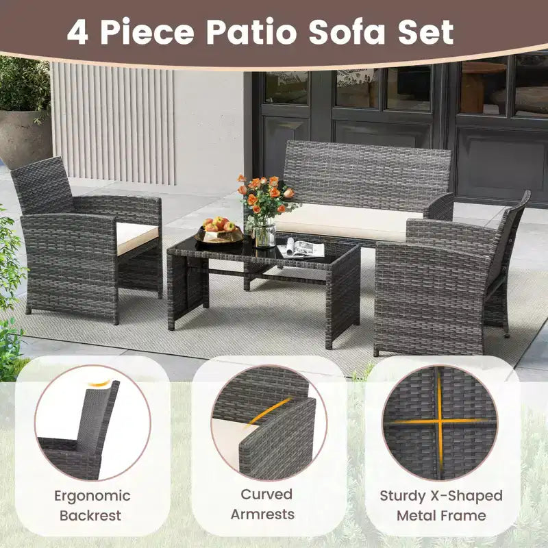 Costway 4 PCS Patio Conversation Set with Seat Cushions & Tempered Glass Tabletop, Outdoor Red/Black/Off-white/Gray/Turquoise/Navy