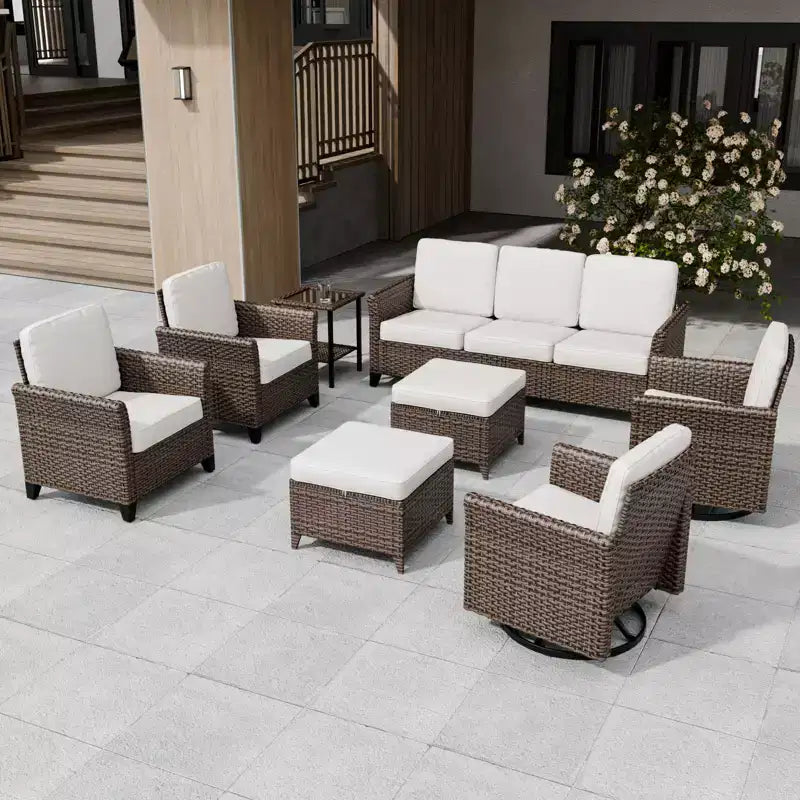 EAGLE PEAK Ocean Vista 8 piece Patio Variated Brown Wicker Sofa Set Dining Chairs, Swivel Chairs