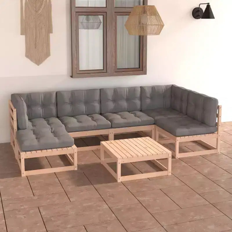 vidaXL zeven-delige tuinmeubelset met hoekbank van massief grenenhout – naturel, inclusief kussen