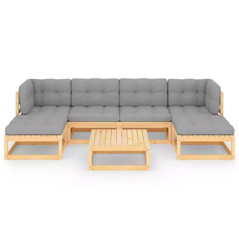 vidaXL 7 Piece Patio Lounge Set with Cushions Solid Wood Pine - Natural, Cushion Included