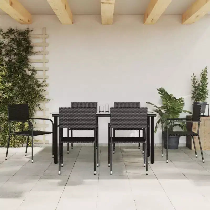 vidaXL tuin-eetset van zwart staal, PE-rattan, standaard stapelbaar - zwart, tafellengte 63, 6-delig