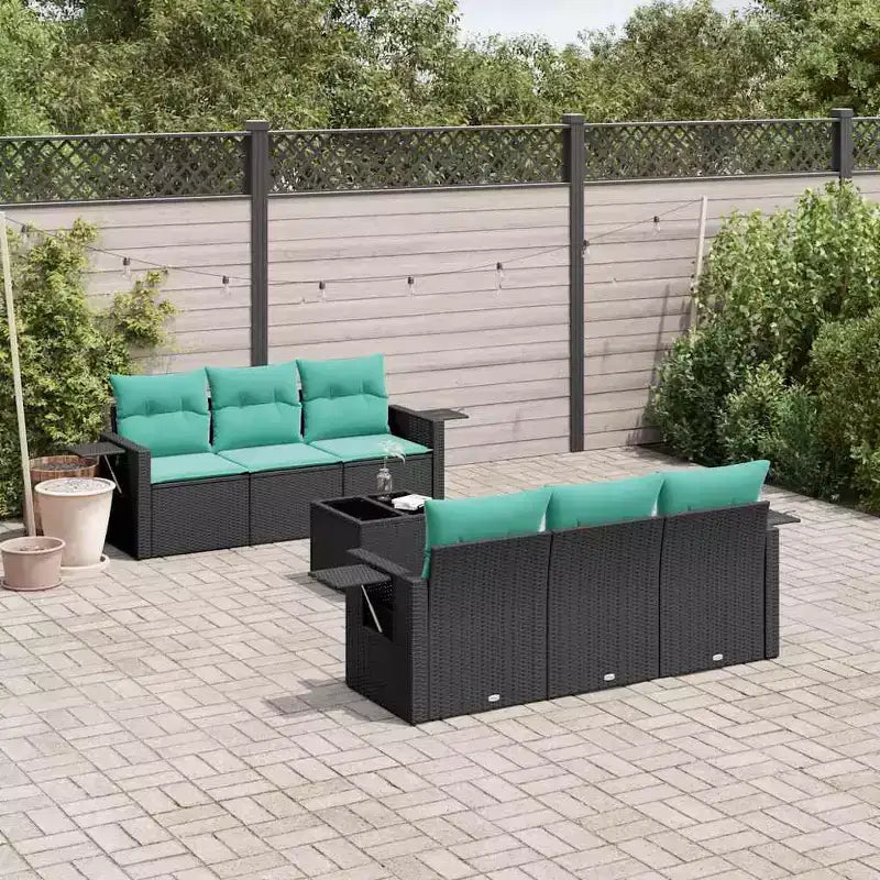 vidaXL 7-delig tuinbankstel met kussens, zwart en blauw polyrotan