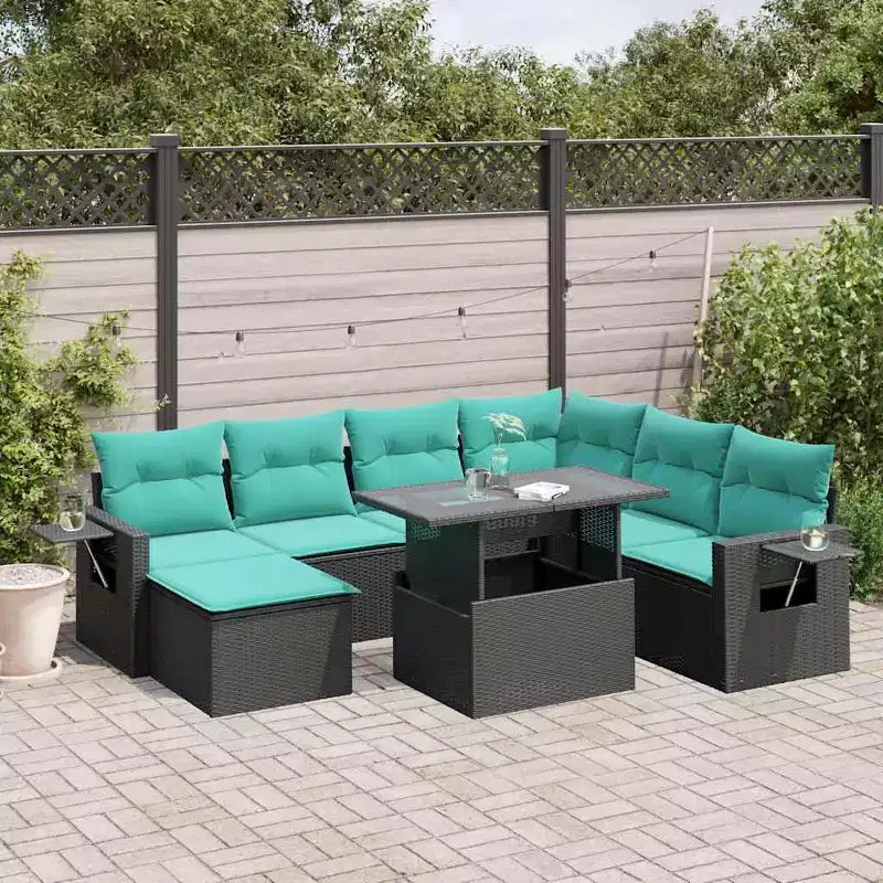 vidaXL loungeset voor de patio met kussens, tafel en banken, 8-delig, polyrotan - zwart