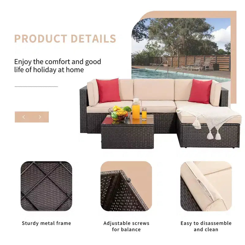 Celebalcony 5 Piece Patio Conversation Set All Weather Wicker Rattan Patio Sofa Outdoor Sectional Seating Group With Cushions