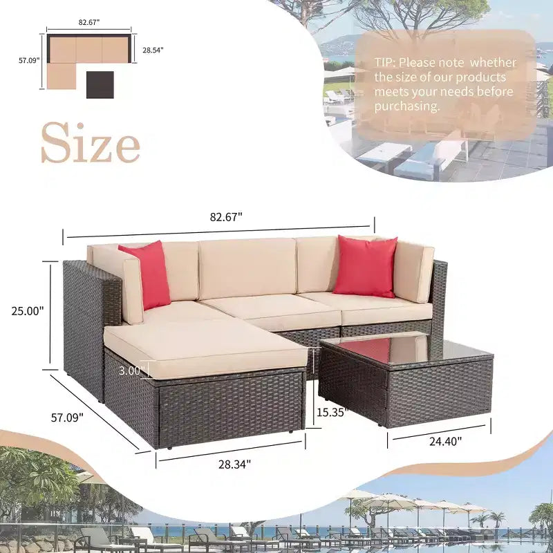 Celebalcony 5 Piece Patio Conversation Set All Weather Wicker Rattan Patio Sofa Outdoor Sectional Seating Group With Cushions