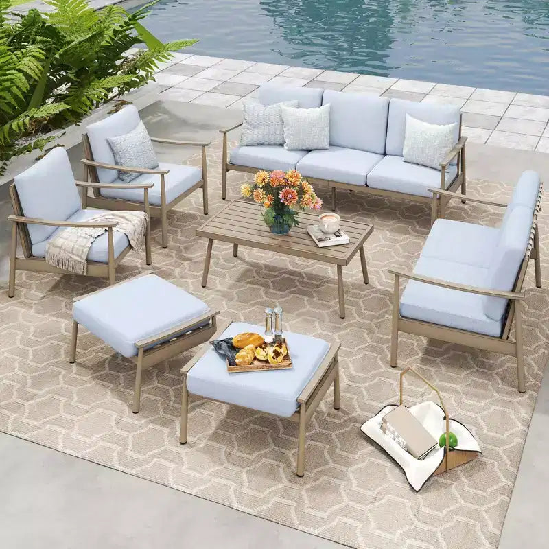 HAPPATIO 7 Pieces Outdoor Conversation Set with 1 Three-Seater Sofa, Coffee Table, Loveseat, 2 Sofas