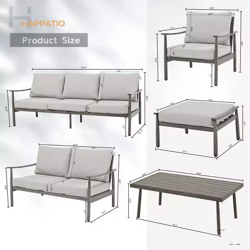 HAPPATIO 7 Pieces Outdoor Conversation Set with 1 Three-Seater Sofa, Coffee Table, Loveseat, 2 Sofas