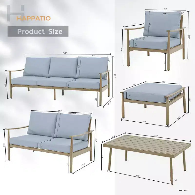HAPPATIO 7 Pieces Outdoor Conversation Set with 1 Three-Seater Sofa, Coffee Table, Loveseat, 2 Sofas