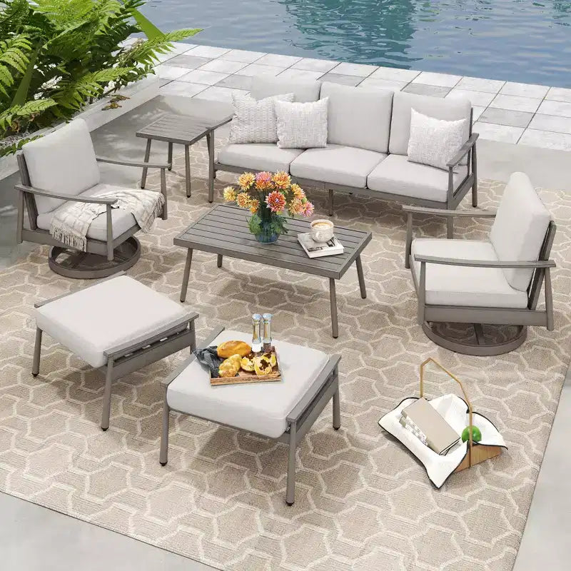HAPPATIO 7 Pieces Aluminum Outdoor Conversation Set Includes 1 Three-Seater Sofa, Side Table, Coffee Table, 2 Swivel Chairs and Ottomans