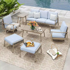 HAPPATIO 7 Pieces Aluminum Outdoor Conversation Set Includes 1 Three-Seater Sofa, Side Table, Coffee Table, 2 Swivel Chairs and Ottomans