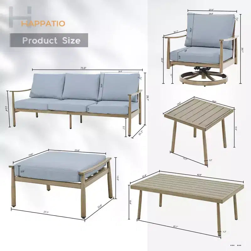 HAPPATIO 7 Pieces Aluminum Outdoor Conversation Set Includes 1 Three-Seater Sofa, Side Table, Coffee Table, 2 Swivel Chairs and Ottomans