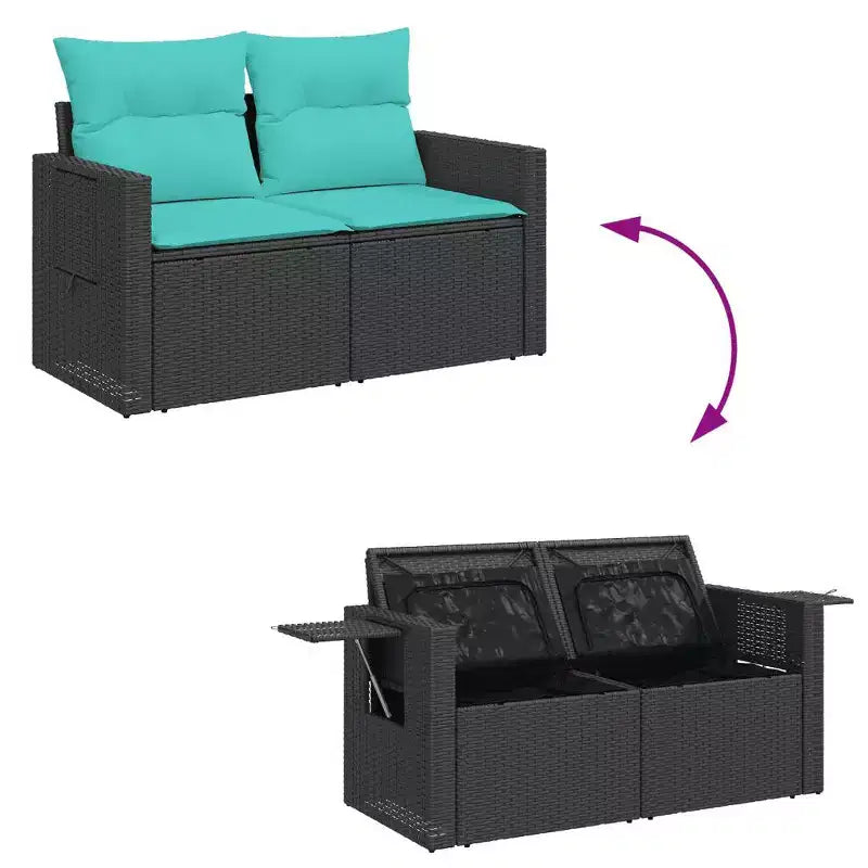 Ensemble de salon de jardin vidaXL noir, rotin PE bleu, acier thermolaqué, polyester