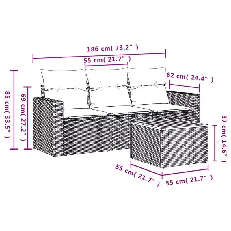 vidaXL 4 Piece Patio Sofa Set with Cushions Black Poly Rattan