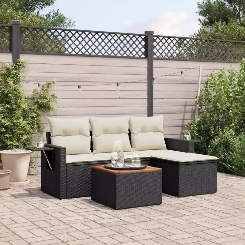 vidaXL 5-delig terrasbankstel met kussens – zwart en crème