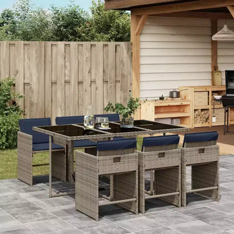 vidaXL eetkamerset voor op het terras, 7-delige buiteneettafel en stoelen, grijs en marineblauw PE-rattan