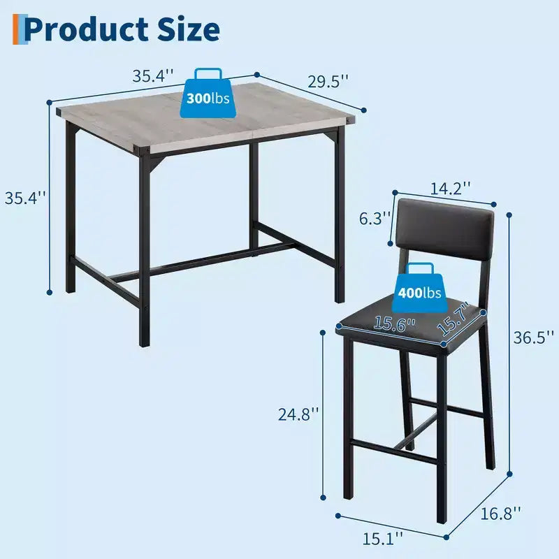 CuisinSmart eettafelset voor 2 personen, keukentafelset met voetensteun en rugleuning, bartafel op aanrechthoogte met 2 gestoffeerde barkrukken