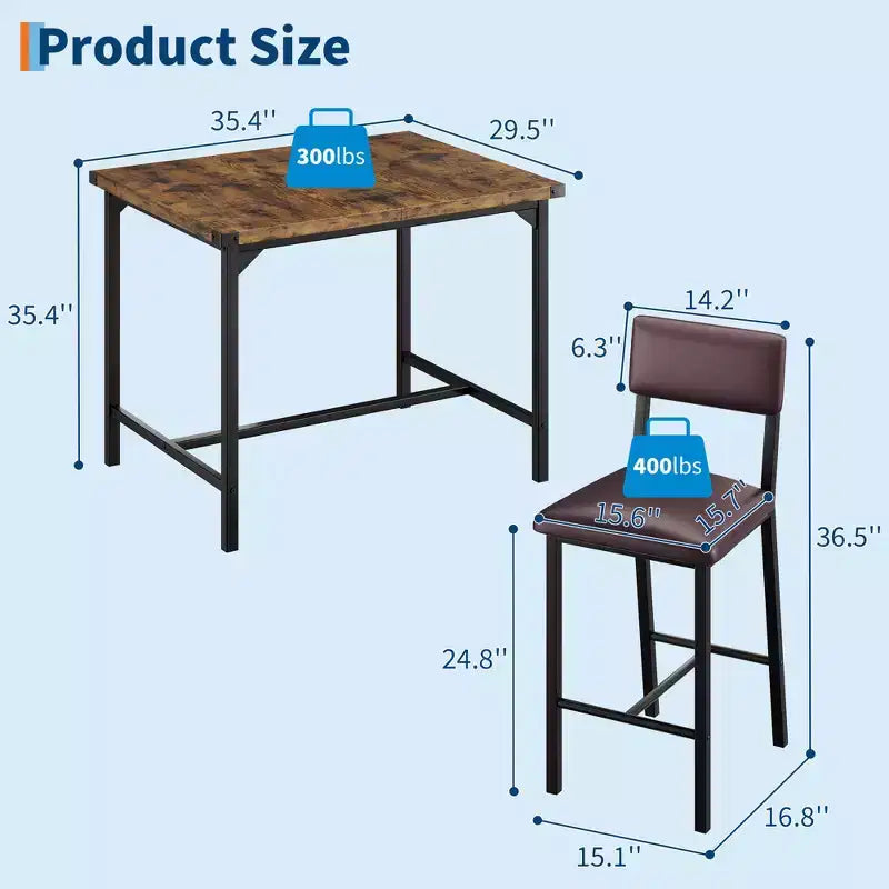 CuisinSmart eettafelset voor 2 personen, keukentafelset met voetensteun en rugleuning, bartafel op aanrechthoogte met 2 gestoffeerde barkrukken