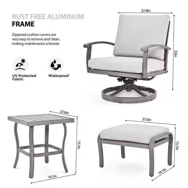 HAPPATIO aluminium tuinmeubelset van 5 delen voor buiten, terrasstoelen met voetenbankjes en bijzettafel, loungeset voor veranda en tuin (grijs)