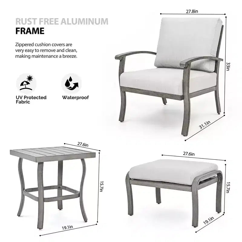 HAPPATIO aluminium tuinmeubelset van 5 delen voor buiten, terrasstoelen met voetenbankjes en bijzettafel, loungeset voor veranda en tuin (grijs)