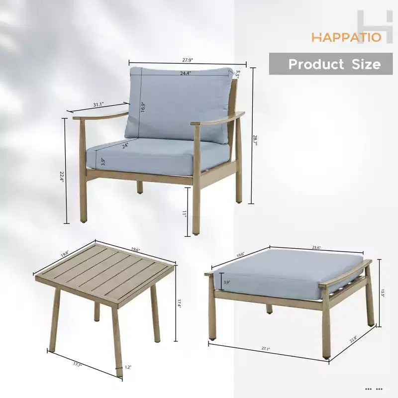HAPPATIO aluminium tuinmeubelset, 5-delige loungeset voor de patio, 1 bijzettafel, 2 fauteuils en 2 voetenbankjes met kussens voor tuin, terras of zwembad