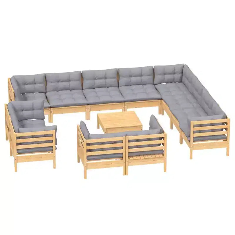 vidaXL 13-delige loungeset voor terras van massief grenenhout met kussens - bruin en grijs