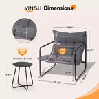 VINGLI 3-delige terrasset met bijzettafel, stoelen voor binnen en buiten met dikke kussens, draagvermogen van 400 LBS, grijs