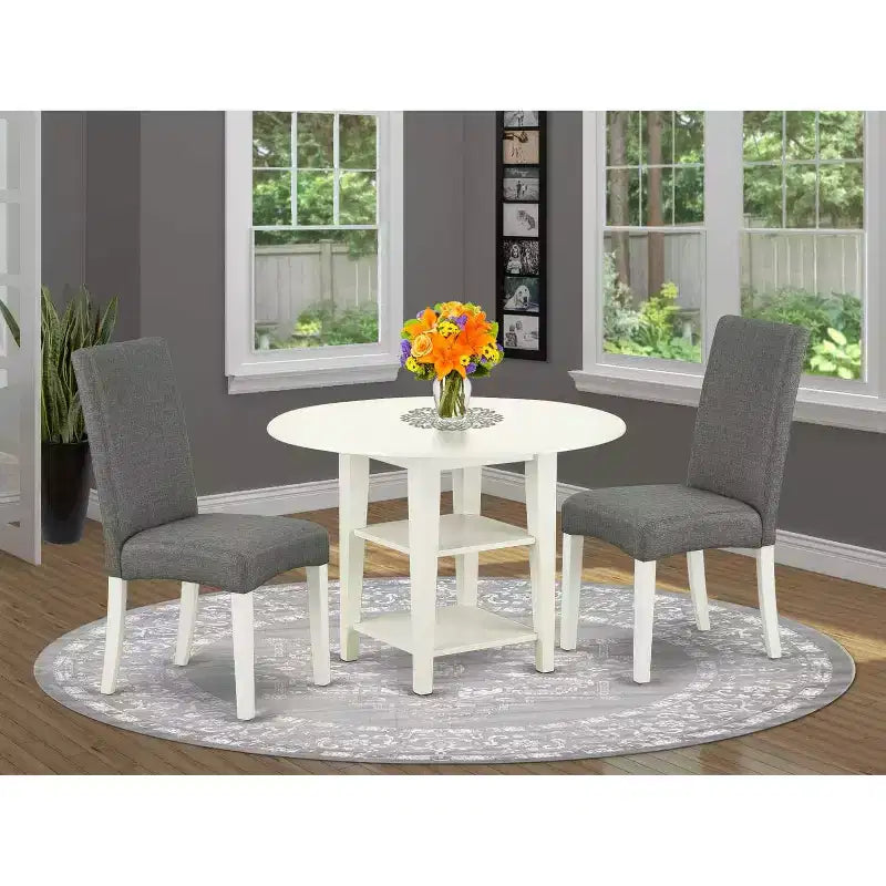 Urban Oasis 3-delige eetset – tafel van 20x42 en 2 Parsons-stoelen – linnenwitte poten – grijze stof