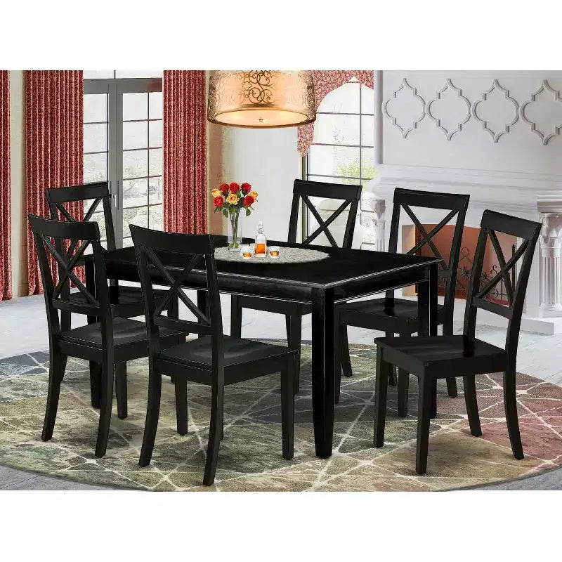 Mediterrane eetkamerset, 7-delig - tafel en 6 stoelen - 36x60 inch - zwarte afwerking - HomeStock
