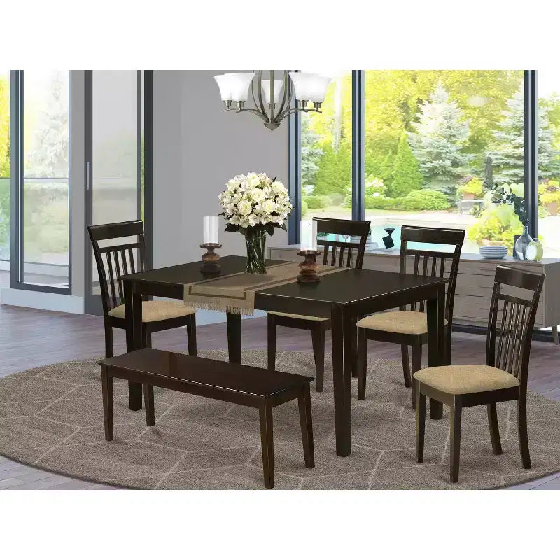 Vintage eetkamerset voor de keuken – tafel en stoelen met 6 delen – bank met linnen bekleding – 36x60 inch, cappuccino
