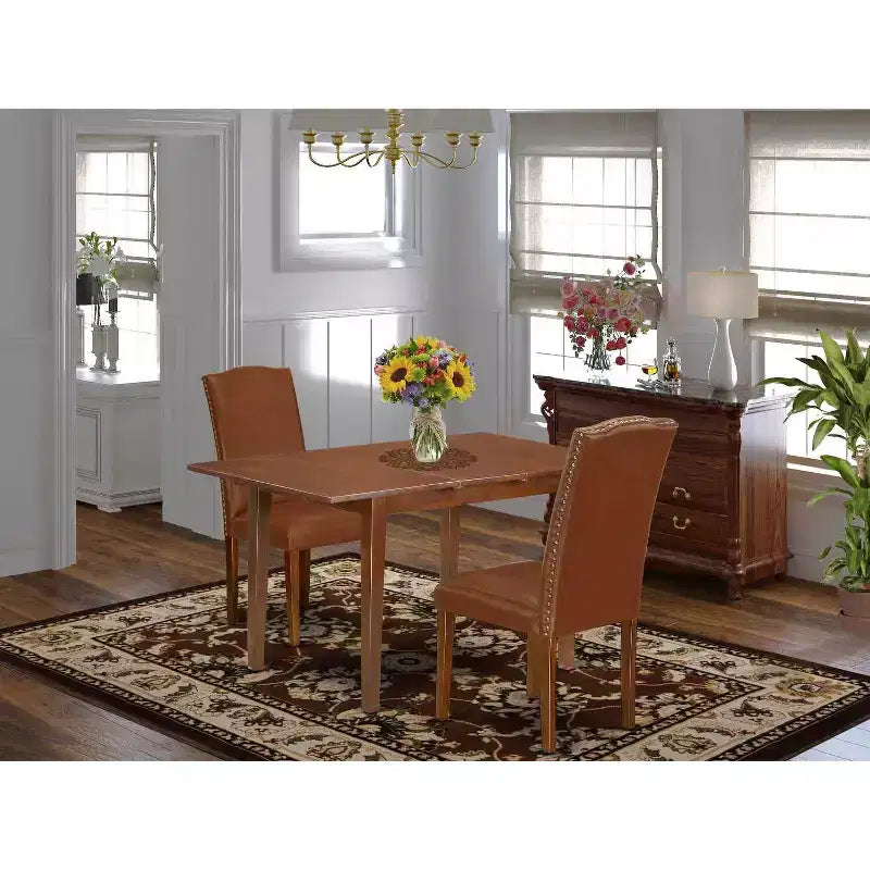 3-delige eetkamerset met rechthoekige tafel met inlegblad en 2 Parsons-stoelen - bruin