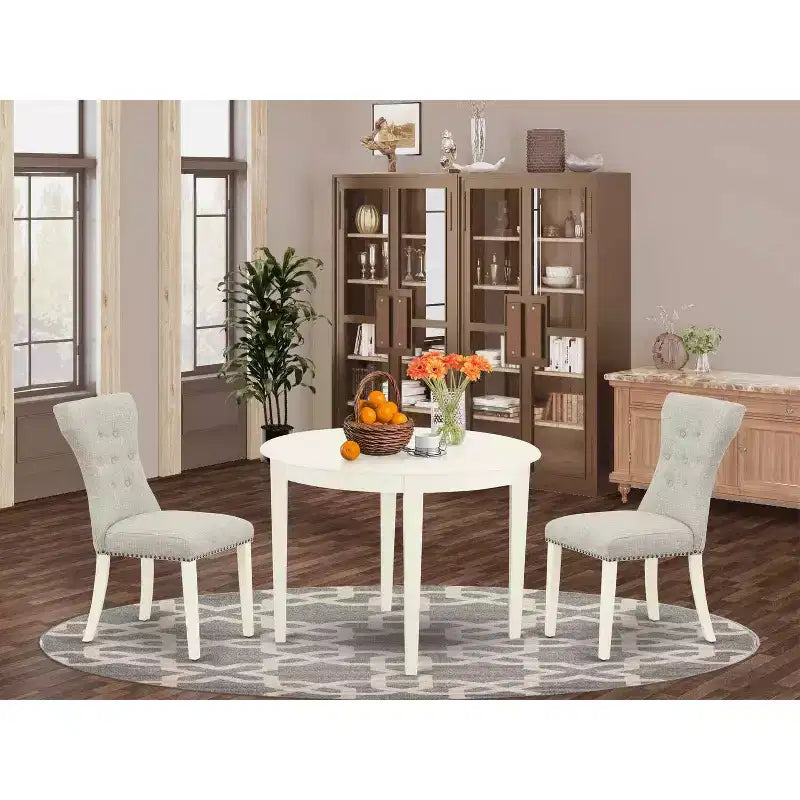 Ronde eethoekset - 3-delig keukentafel en stoelen - linnenwitte afwerking - modern Parsons-design