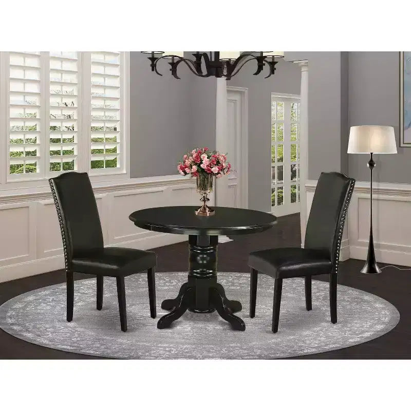 Eethoekset met 3 delen, ronde tafel en 2 Parsons-stoelen - zwart PU-leer - tafel van 42
