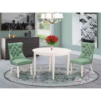 Driedelige eetset met ronde tafel met massief houten blad en linnenwitte afwerking