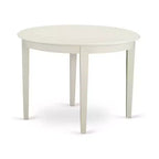 Driedelige eetset met ronde tafel met massief houten blad en linnenwitte afwerking