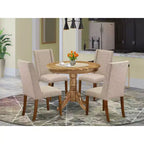 HomeStock ronde eettafel met 5 delen, blad van massief hout met natuurlijke eikenafwerking en 4 Parsons-stoelen