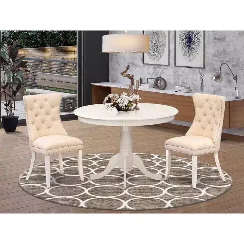 3-Piece Linen White Finish Solid Wood Top-Round Dining Room Set-Seats 4