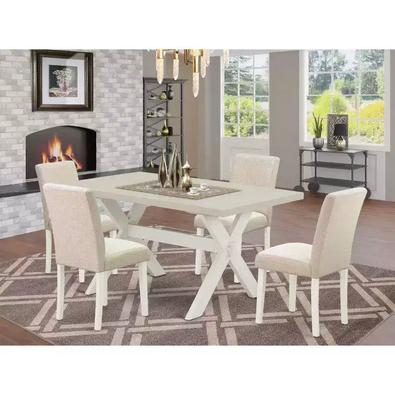 HomeStock 5-Piece Rectangle Natural Oak Finish Solid Wood Top Dining Table with 4 Upholstered-Chairs