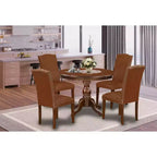 5-delige ronde eettafelset met mahoniekleurige afwerking, massief houten blad en 4 Parsonsstoelen