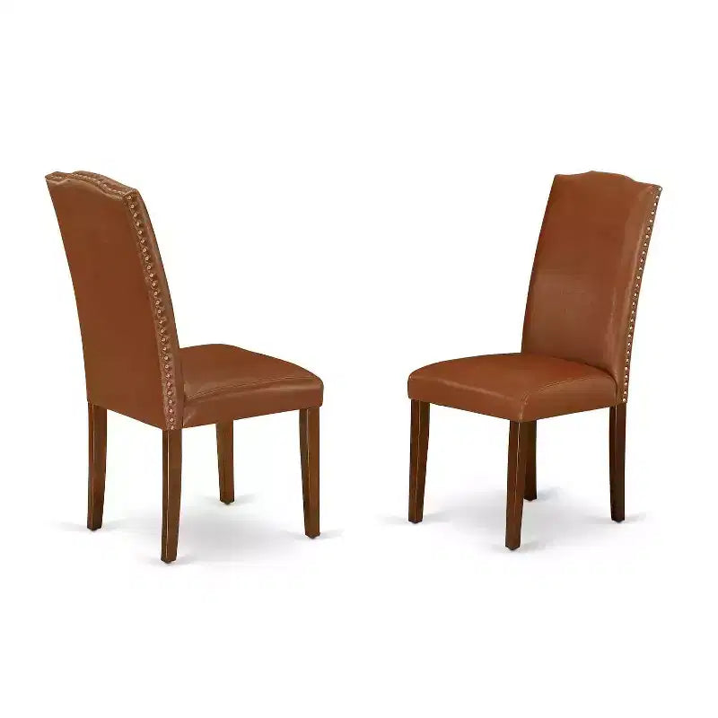 5-delige ronde eettafelset met mahoniekleurige afwerking, massief houten blad en 4 Parsonsstoelen