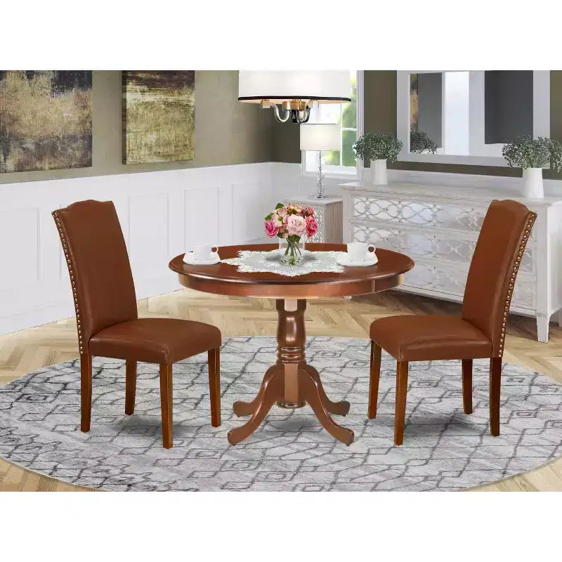 3-delige eetkamerset met ronde tafel van 42 inch en 2 Parsons-stoelen – bruin kunstleer