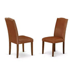 3-delige eetkamerset met ronde tafel van 42 inch en 2 Parsons-stoelen – bruin kunstleer