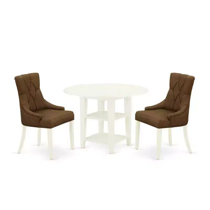HomeStock 3-Piece Linen White Finish Round Solid Wood Top with Dropleaf Dining Table Set
