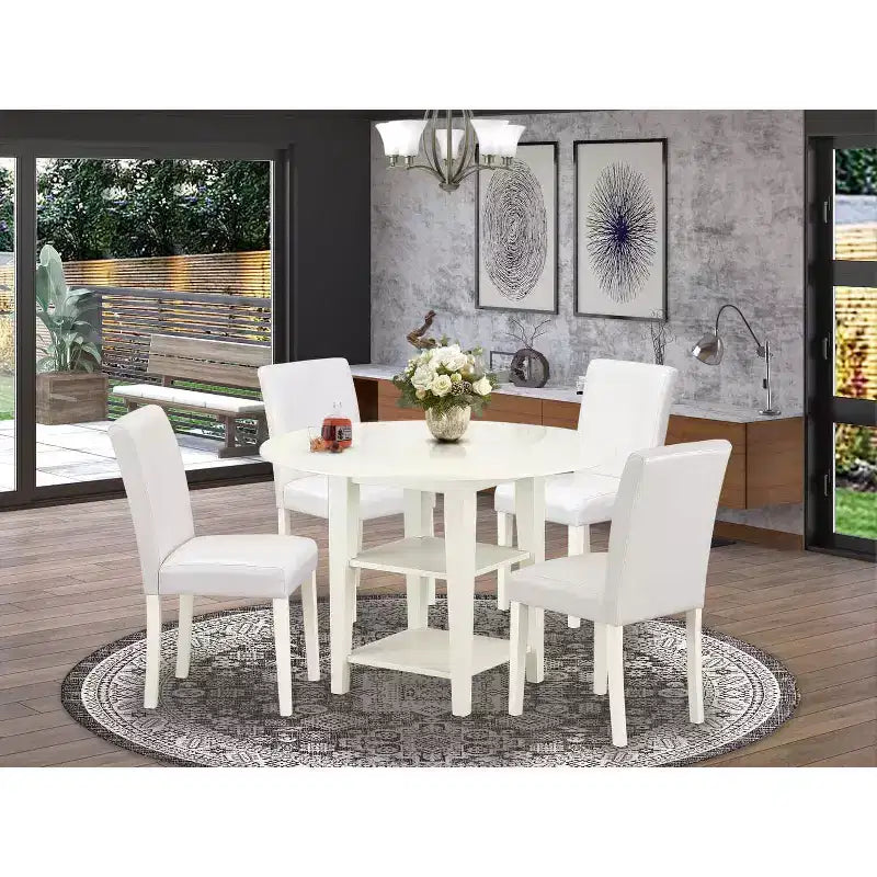 HomeStock 5-Pc Linen White Finish Solid Wood Top-Round Dining Room Set with Dropleaf-Seats 4